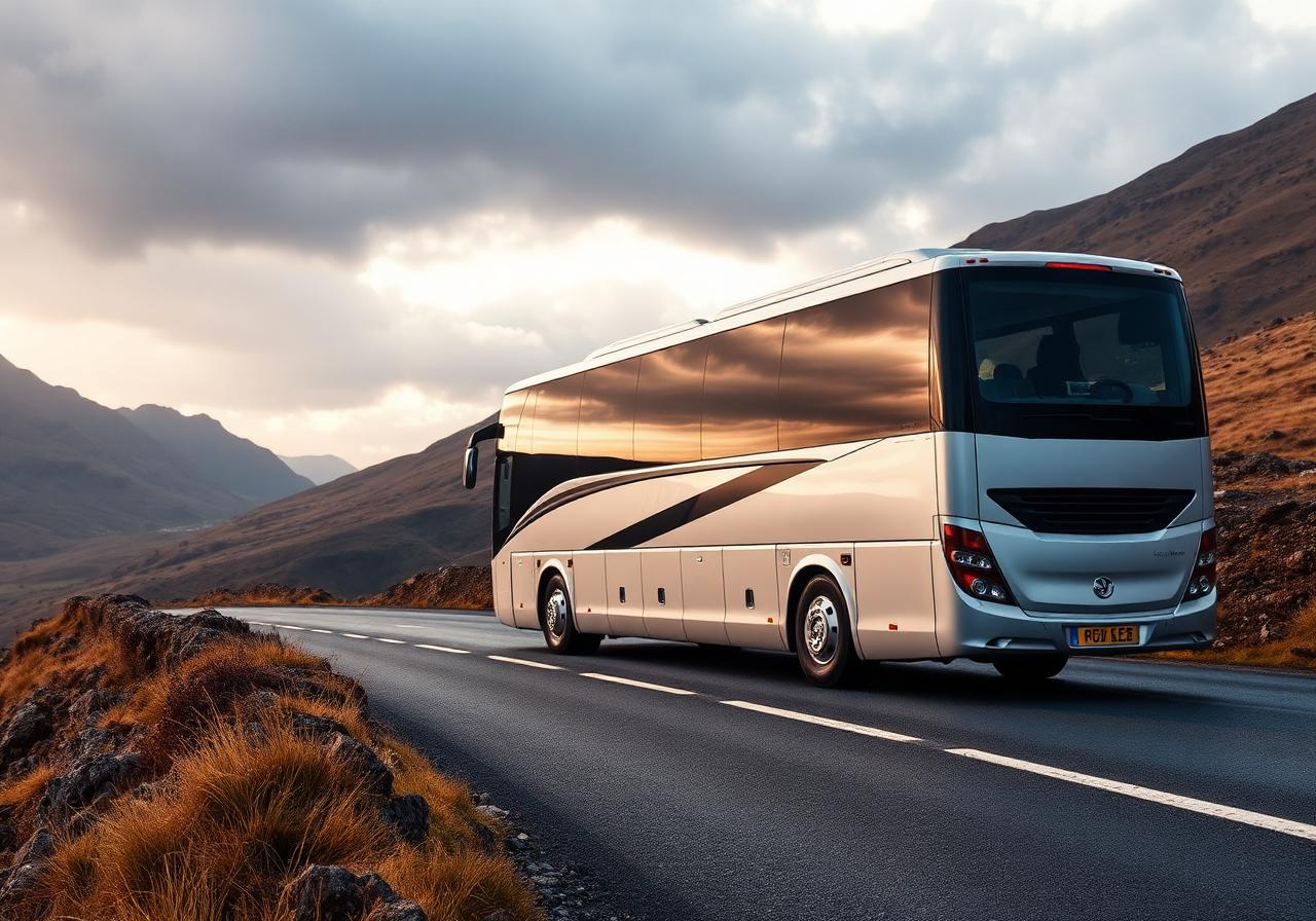 A premium Crónán Mac luxury tour coach navigating the scenic mountain roads near Glenveagh National Park, Donegal