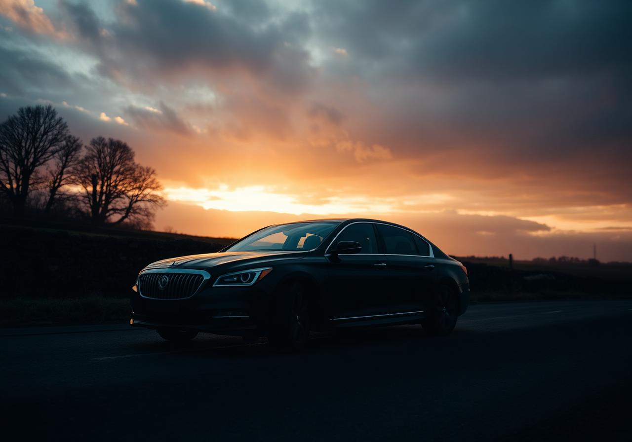 Black luxury executive saloon on an Irish country road at golden hour — Crónán Mac chauffeured car