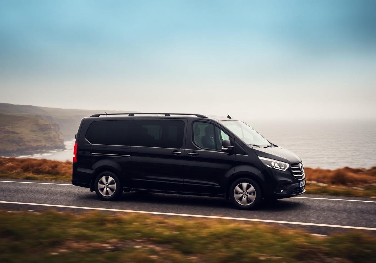 Premium black luxury minivan driving the Wild Atlantic Way coast in Donegal — Crónán Mac minivan service
