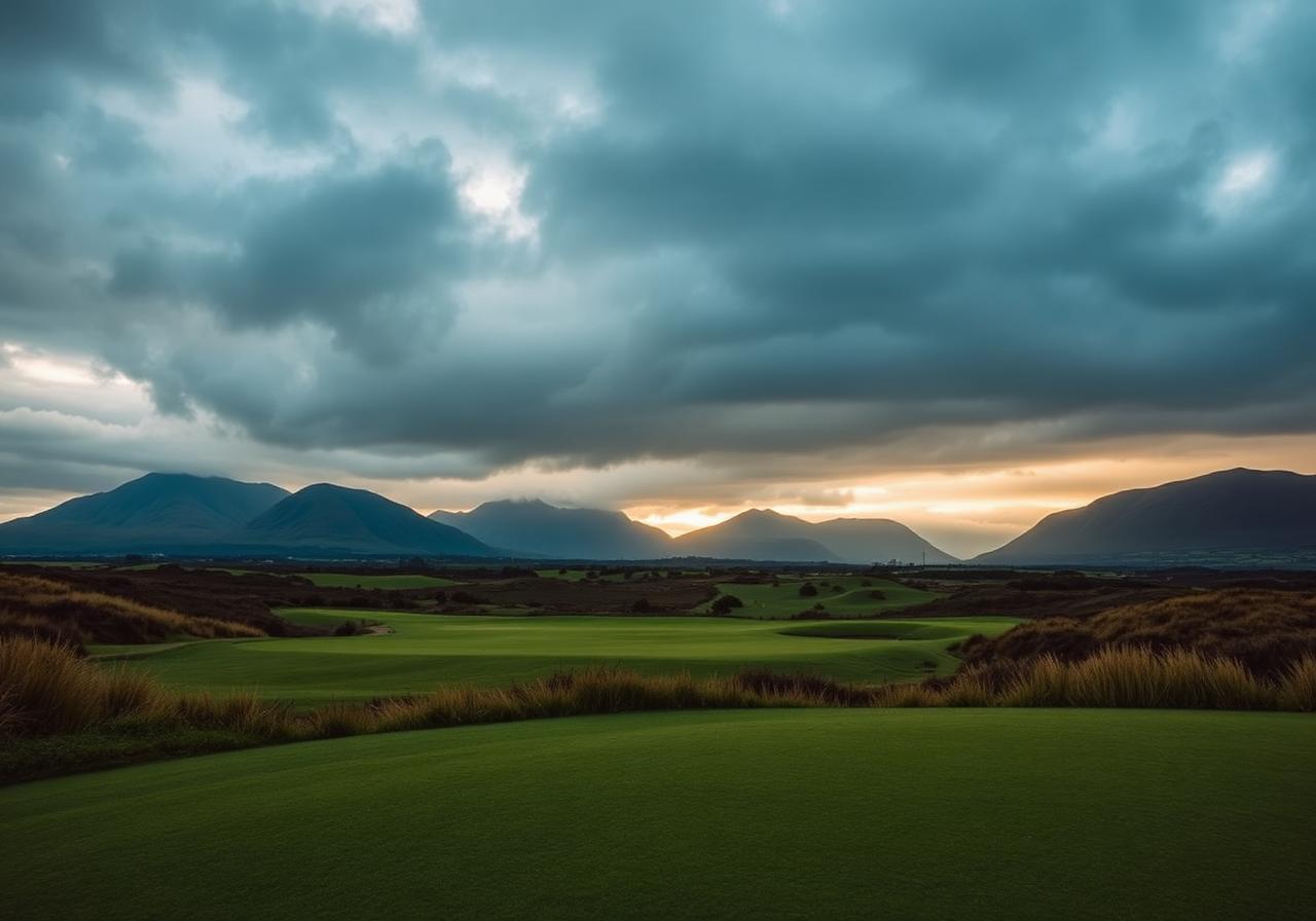 Irish links golf course at dawn with mountains in the distance, served by Crónán Mac executive golf transfers