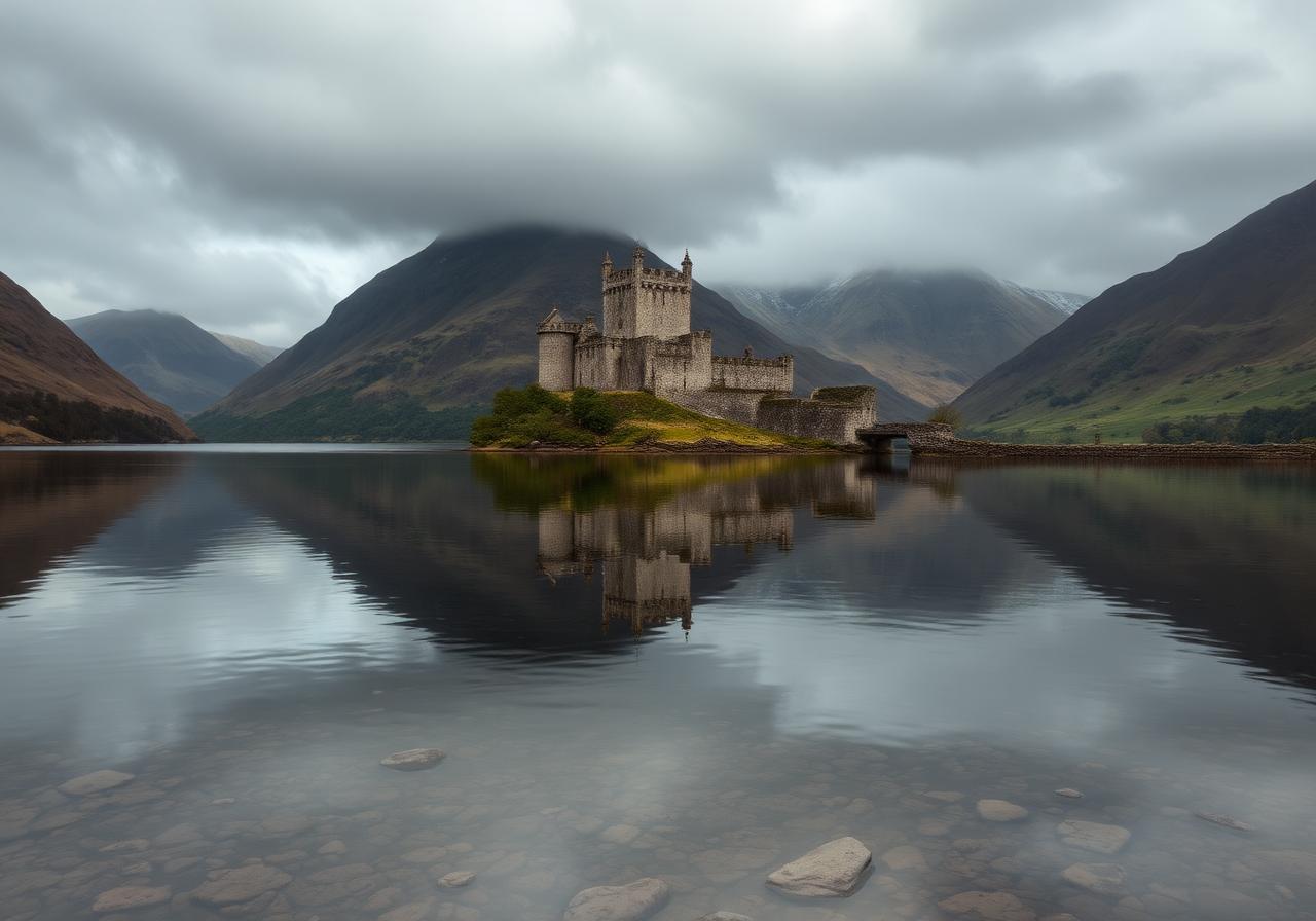 Glenveagh National Park castle reflected on a still lake in Donegal, Ireland — destination for Crónán Mac scenic tours