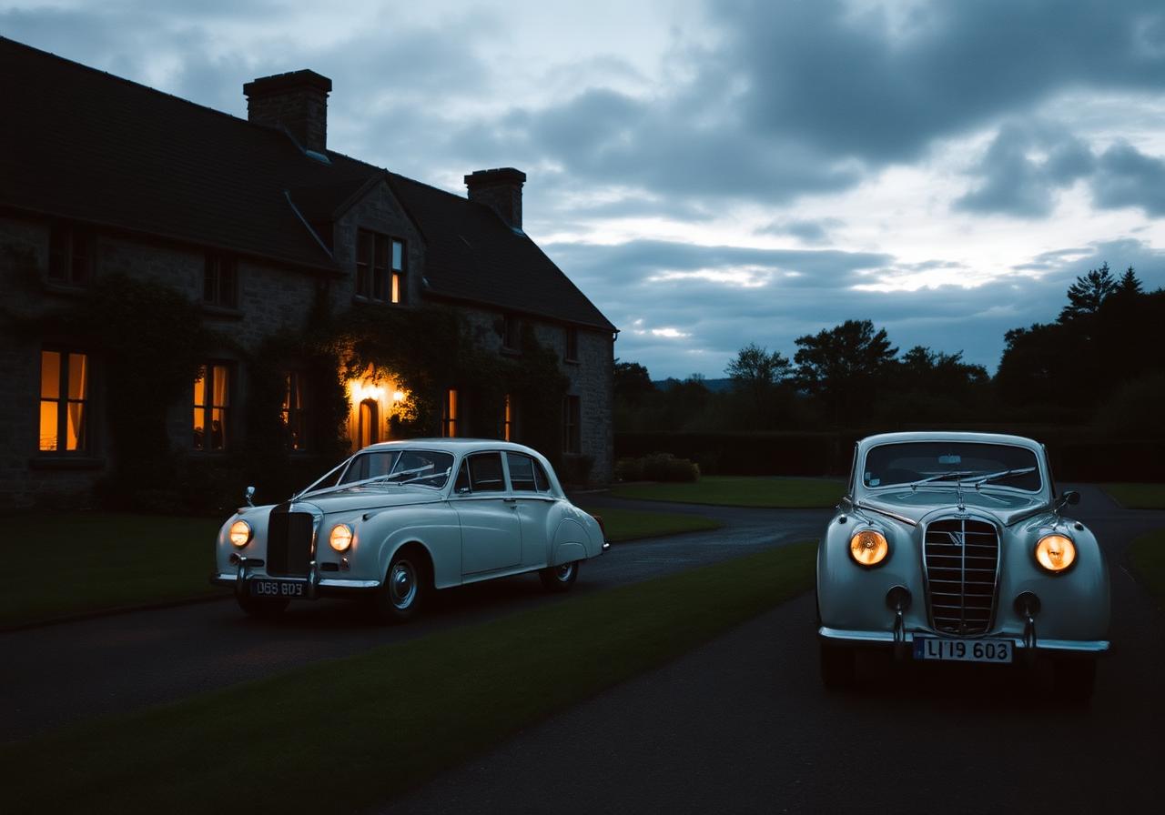 Classic vintage wedding cars parked at an Irish country estate at dusk, Crónán Mac private hire